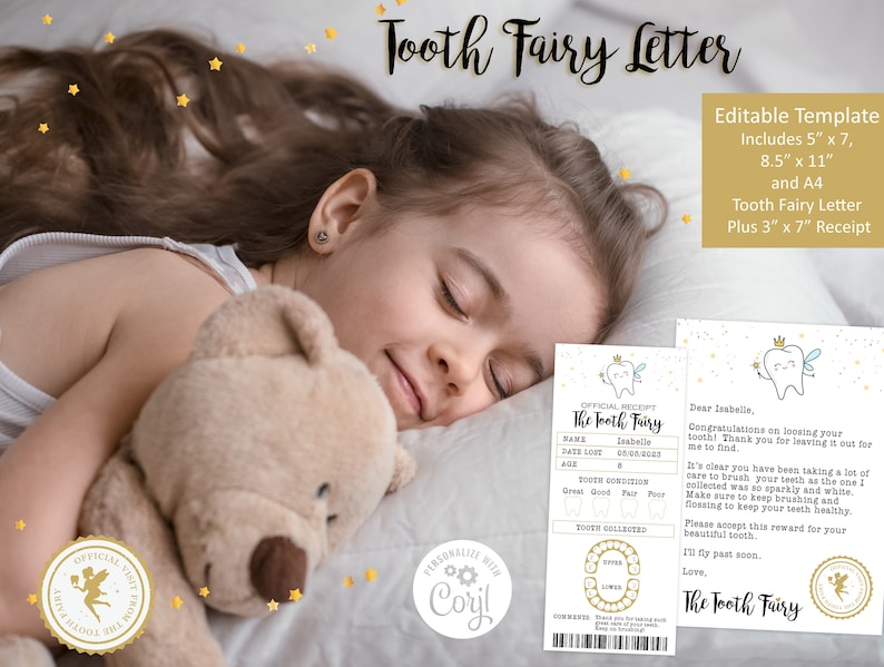 Tooth Fairy Letter and Tooth fairy Receipt, Tooth fairy pillow accessory, Editable Tooth Fairy Printable, First Tooth Certificate image 2