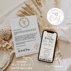 May include: A printable tooth fairy receipt template with a green and gold design. The template includes a space for the child's name, date, age, and tooth condition. The receipt also includes a section for the tooth fairy to collect the tooth. The template is available in two sizes: 5 inches by 7 inches and 8.5 inches by 11 inches.