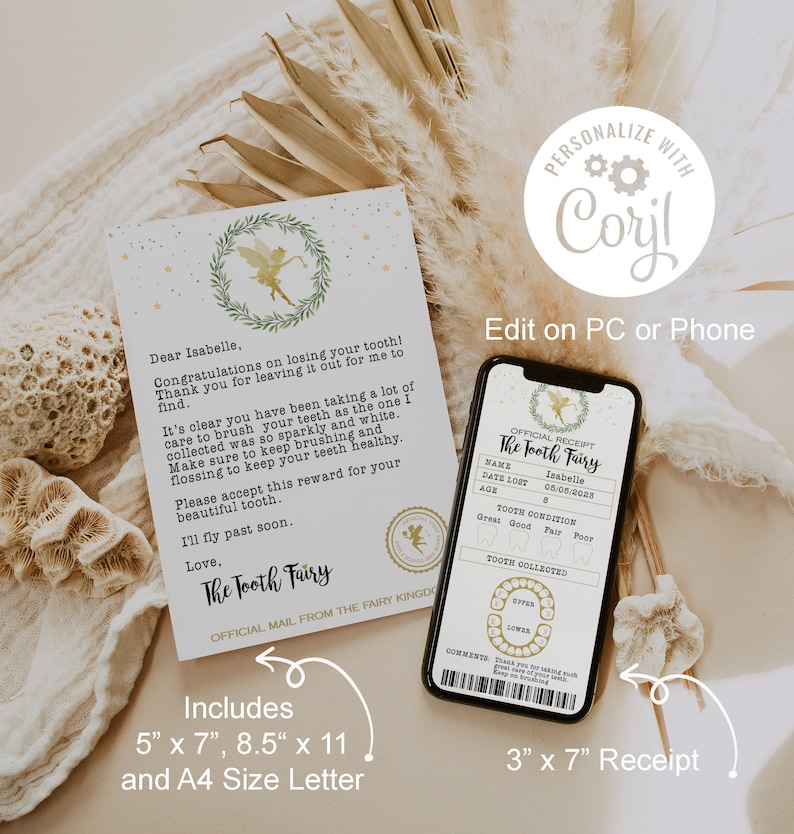 May include: A printable tooth fairy receipt template with a green and gold design. The template includes a space for the child's name, date, age, and tooth condition. The receipt also includes a section for the tooth fairy to collect the tooth. The template is available in two sizes: 5 inches by 7 inches and 8.5 inches by 11 inches.