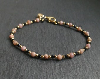 Genuine Rhodochrosite and black spinel bracelet | everyday rhodochrosite golden bracelet | rhodochrosite gold