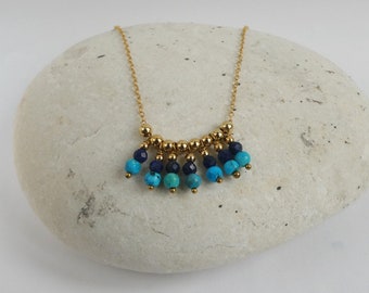 Lapis lazuli and turquoise fringe necklace | Genuine gemstone necklace | stackable necklace gold | natural turquoise necklace