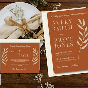 Lot de faire-part de mariage numérique (5 x 7 pouces d'invitation et 5,5 x 4,25 pouces carte de remerciement), mariage rouge rustique, bohème, téléchargement modifiable
