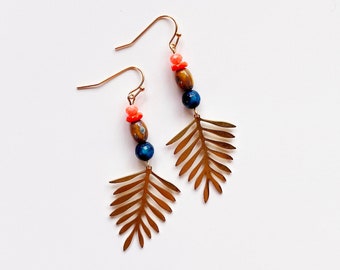 Summer Palm Earrings - Brass Leaves with Glass & Stone Beads - Brass Earrings