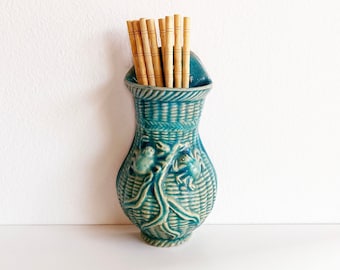 Vintage 1940s Turquoise Ceramic Chopstick Holder - Wall Mount - Crab & Seaweed Basket