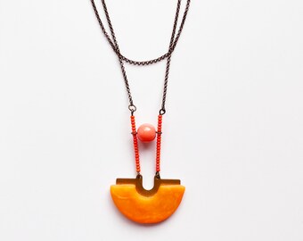 Clementine Arc Layered Pendant - Antique Brass Chain - Short Necklace