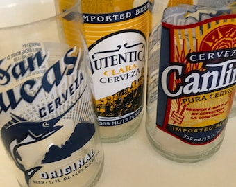 Screenprinted Mexican Cerveza Beer Bottle Juice Glass // Upcycled Recycled Repurposed Tableware Glassware Drinkware