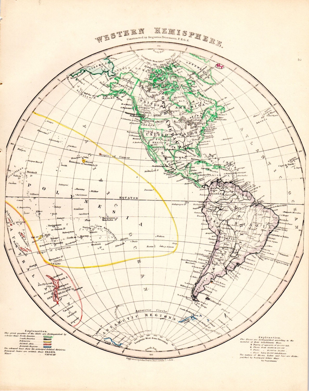 Western Hemisphere Globe Antique Map Hand Colored Geography | Etsy