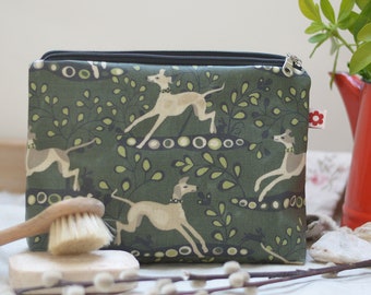 Whippet Oilcloth Washbag in Green/ Bag/ Oilcloth Bags/ Susie Faulks/ Make Up Purse/ greyhound /lurcher/ hound / sighthound /dog/ travel bag