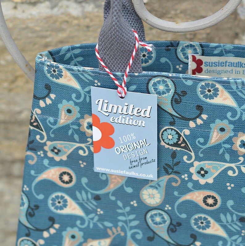Paisley Navy Tote Bag by Susie Faulks Bag Oilcloth Bags Tote Shopper Made in England Original Print paisley blue bag vegan bag