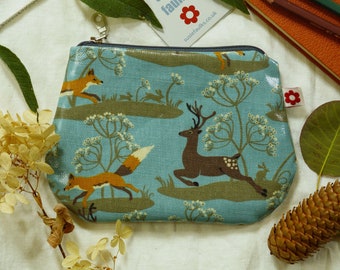 Fox & Deer Blue Small Oilcloth Purse / Make Up Purse / portemonnee / zipped pouch / coin portemonnee / fox / fox design / kous filler