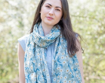 Swifts cotton scarf/ birds scarf/ swallows/ scarf/ gifts for bird lovers/ gifts/blue scarf/Susie Faulks/gifts/new design/vegan/easter gift