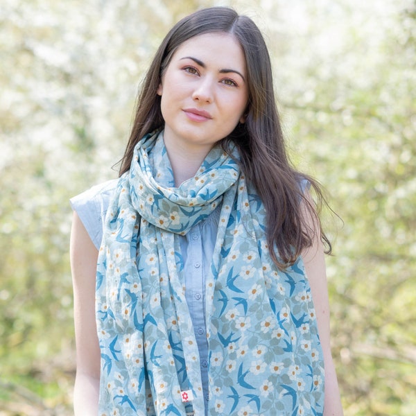 Swifts cotton scarf/ birds scarf/ swallows/ scarf/ gifts for bird lovers/ gifts/blue scarf/Susie Faulks/gifts/new design/vegan/easter gift