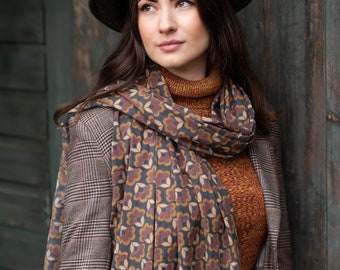 Bloom Brown cotton scarf/ brown scarf/ floral scarf/ scarf/scarves/ cotton scarf/Susie Faulks scarves/gifts/ vegan