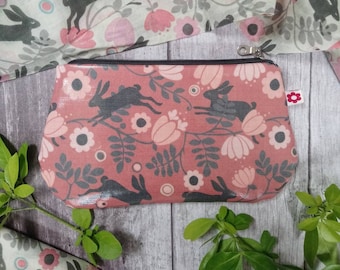 Wild Hare in Pink Oilcloth Clutch Purse / Make Up Purse/ Waterproof lining / rabbit / best vegan bags/ bunny/ pencil case/phone purse