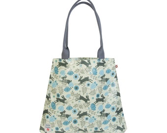 Wild Hare in Cream Oilcloth Tote Bag by Susie Faulks/ Oilcloth Bags/ best oilcloth bags/ best vegan bags/ Tote/ Hare / rabbit / bunny/vegan