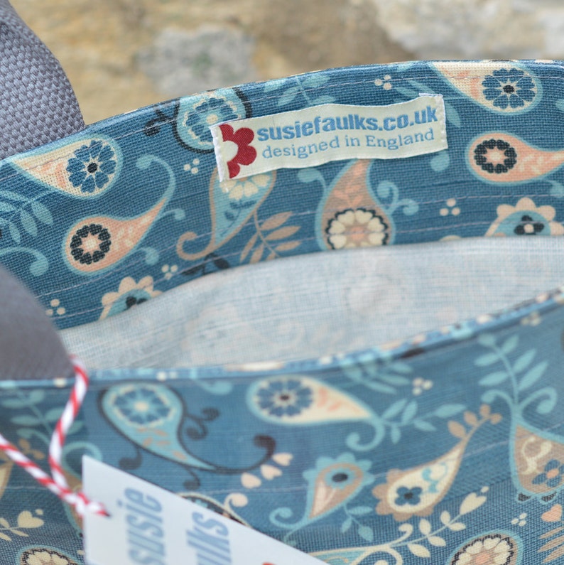 Paisley Navy Tote Bag by Susie Faulks Bag Oilcloth Bags Tote Shopper Made in England Original Print paisley blue bag vegan bag