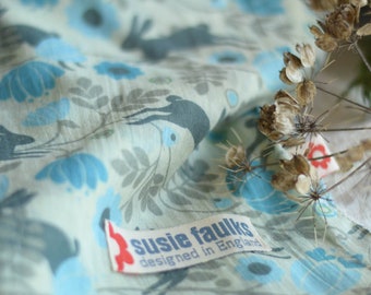 Wild Hare Blue cotton scarf/ hares scarf/ rabbit/scarf/Hare scarf/ bunny/ gifts/rabbit scarf/blue scarf/Susie Faulks/easter gifts for mum