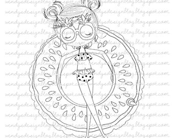 Pool Party Girl Digi Stamp: Black and White (Digital Download)