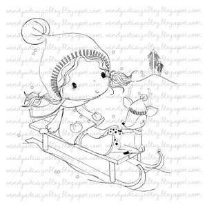May include: A black and white line drawing of a girl in a winter hat and coat riding a sled with a deer. The girl is smiling and the deer is looking at her. The background is a snowy landscape with trees.