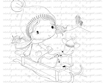 Sledging Fun Digital Stamp: Winter Scene (Digital Download)