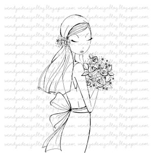 May include: A black and white line drawing of a bride wearing a veil and holding a bouquet of flowers. The bride is wearing a simple dress with a bow at the waist. The drawing is on a white background.