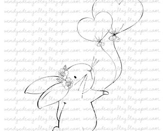 Bunny with Heart Balloons Digital Stamp (Digital Download)