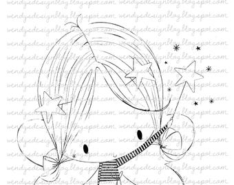 Magic Wand Girl Digital Stamp: Black and White Clipart (Digital Download)