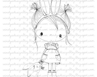 Easter Girl with Bunny Digi Stamp: Black and White (Digital Download)