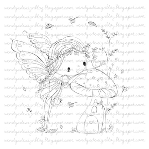 May include: A whimsical black and white illustration of a fairy with large butterfly wings, a floral crown, and a mushroom house. A small bird perches on the mushroom cap. Leaves and floral elements surround the fairy, creating a charming, fairytale scene.