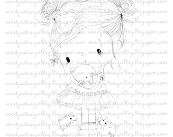 Girl with Cats Digital Stamp: Black and White (Instant Download)