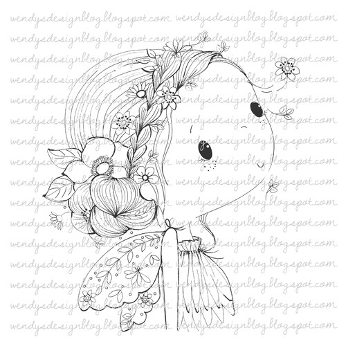 Flower Girl Digi Stamp: Black and White Line Art (Digital Download)