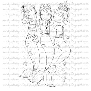 Mermaid Gang Digital Stamp: Hand-Drawn Black & White Clipart (Digital Download)