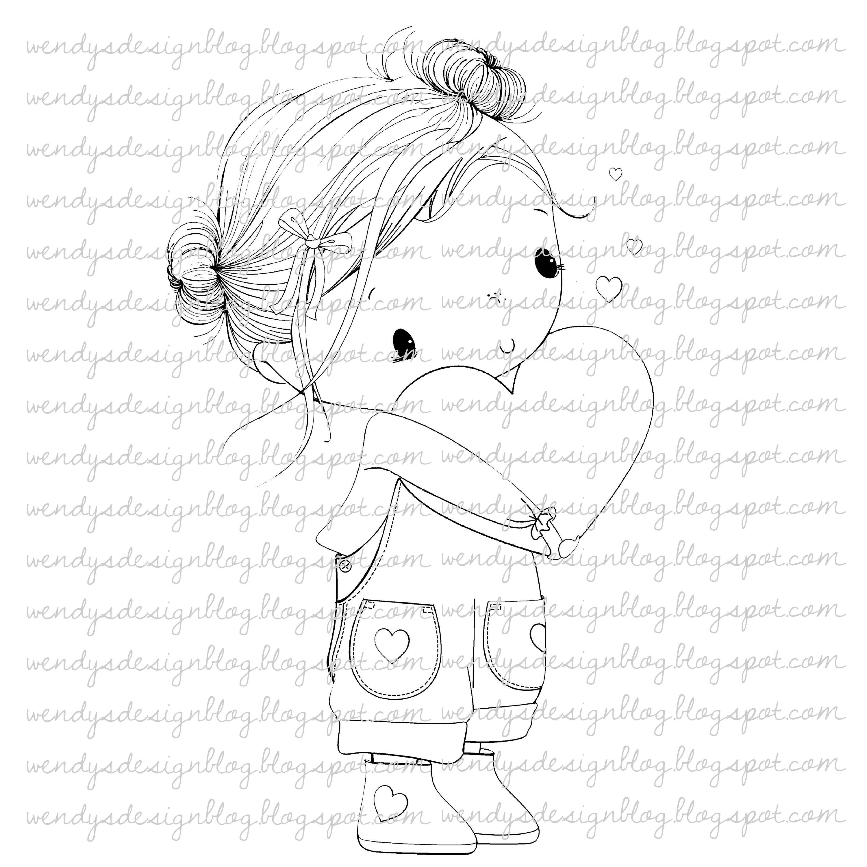 Hugs Digital Stamp: Girl with Heart (Digital Download)