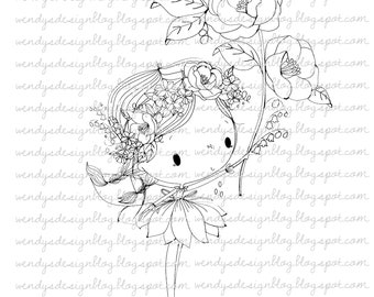 Summer Fairy Digi Stamp: Black and White Line Art (Digital Download)