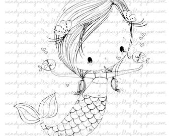 Mermaid and fishes digital stamp