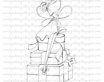 Christmas Fairy on Gifts Digi Stamp: Black and White (Digital Download)