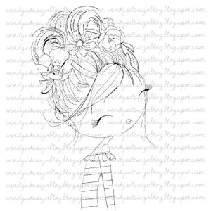 May include: A black and white line drawing of a girl with flowers in her hair. She is wearing a striped shirt and a skirt. The drawing is on a white background.