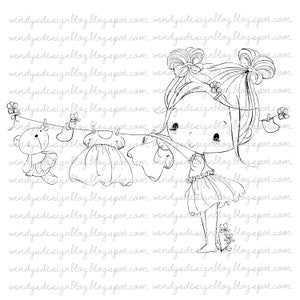 May include: A black and white line drawing of a girl with pigtails holding a clothesline with three items of clothing hanging on it. The girl is wearing a dress and has a happy expression on her face.