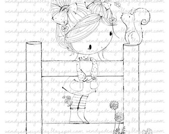 Squirrel Girl Hand-Drawn Digi Stamp: Black and White (Digital Download)
