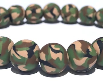 Camouflage Polymer Clay Bead Bracelet, Army, Military, Stretch, Green, Tan, Black, Millefiori, Men's Jewelry, Veterans