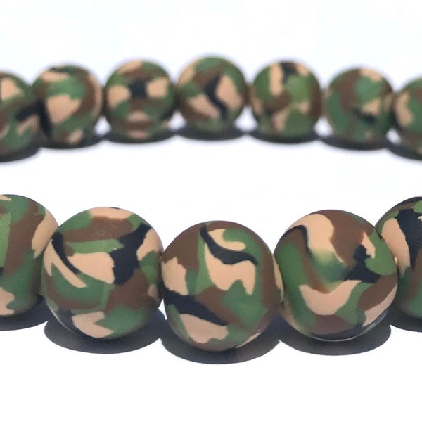 Camouflage Polymer Clay Bead Bracelet, Army, Military, Stretch, Green, Tan, Black, Millefiori, Men's Jewelry, Veterans