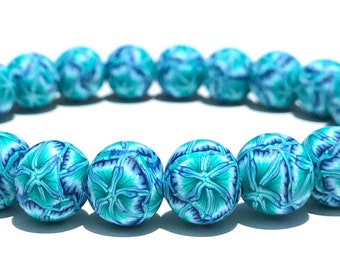 Turquoise Bead Bracelet, Polymer Clay Beads, Millefiori, Navy Glitter, Blue, Artisan, Lagoon, Beach, Boho, Wristband, Yoga, Trendy, Stretch