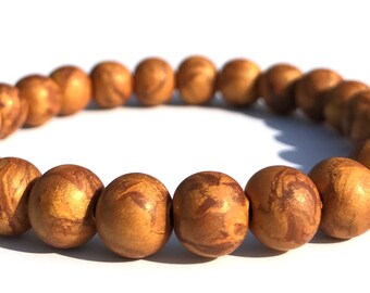 Gold Polymer Clay Bead Bracelet, Stretch Bracelet, Iridescent, Metallic, Wristband, Yoga, Handmade Beads, Boho