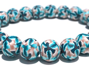 Blue Kaleidoscope Polymer Clay Bracelet, Artisan Beads, Iridescent, Copper, Stretch, Wristband, Yoga, Boho, Millefiori, Ombre, Peacock Pearl