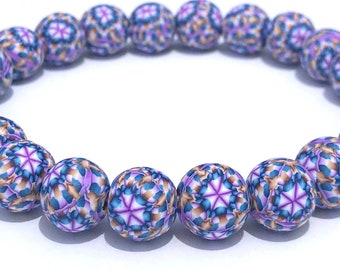 Polymer Clay Bead Bracelet, Magic Carpet, Artisan Beads, Millefiori, Stretch Bracelet, Blue, Purple, Gold, Wristband, Friendship Bracelet