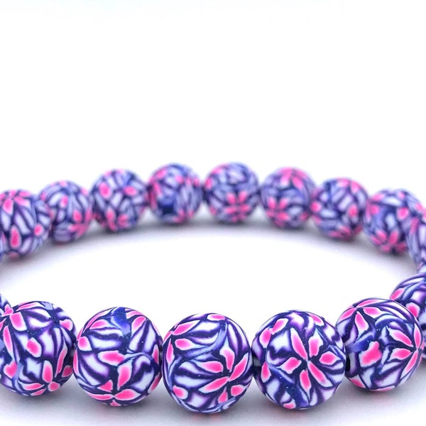 Tropical Purple and Pink Polymer Clay Bead Bracelet, Stretch, Iridescent, Floral, Yoga, Gifts for Women, 9mm, Millefiori, Wristband