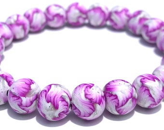 Fuchsia and White Swirl Bead Bracelet, Polymer Clay, Millefiori, Glitter, Stretch, Yoga, Boho, Summer Jewelry, Wristband, Artisan Beads