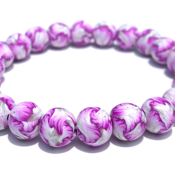 Fuchsia and White Swirl Bead Bracelet, Polymer Clay, Millefiori, Glitter, Stretch, Yoga, Boho, Summer Jewelry, Wristband, Artisan Beads