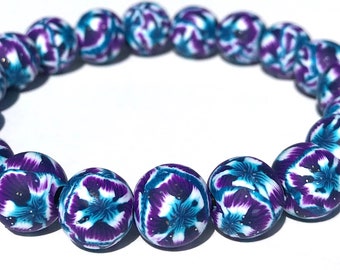 Purple and Teal Polymer Clay Bead Bracelet, Stretch, Flower Beads, Yoga, Womens Gift, Summer Jewelry, Glitter, Artisan Beads, Millefiori