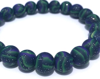 Northern Lights Polymer Clay Bead Bracelet, Stretch Bracelet, Artisan Beads, Glitter Navy, Iridescent, Yoga, Wristband, Aurora Borealis